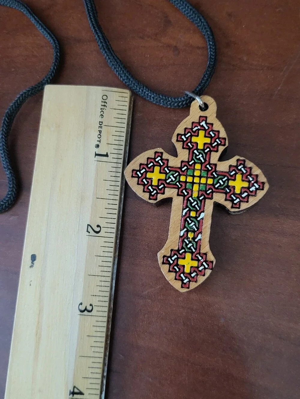 Ethiopian Coptic Wooden Cross Pendant Necklace Hand Painted Traditional Design